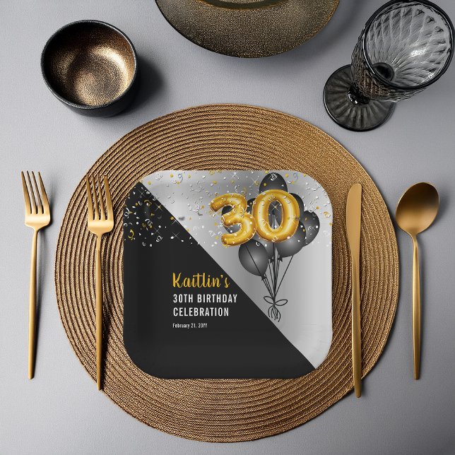 Assiettes En Carton Ballons élégants Noir | Gold 30th Birthday Party (Elegant Black Balloons and Gold Tone Balloon Numbers 30th Birthday Party Paper Plates)