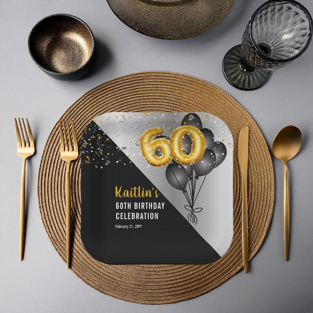 Assiettes En Carton Ballons élégants Noir | Gold 60th Birthday Party (Elegant Black Balloons and Gold Tone Balloon Numbers 60th Birthday Party Paper Plates)