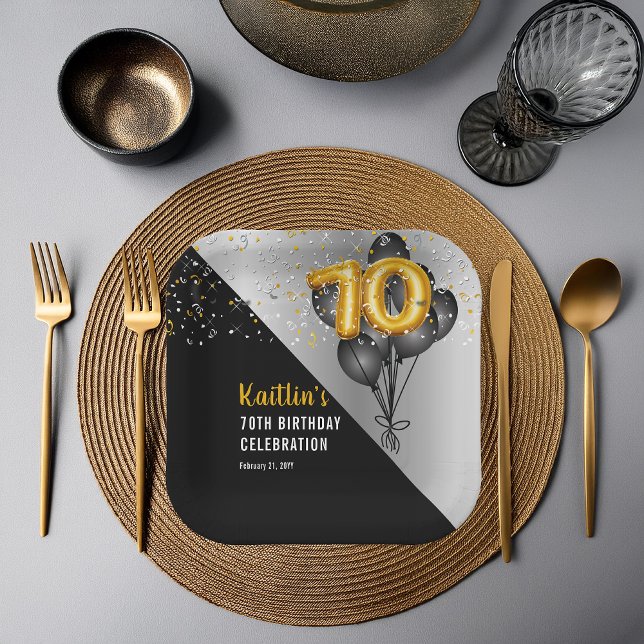 Assiettes En Carton Ballons élégants Noir | Gold 70th Birthday Party (Elegant Black Balloons and Gold Tone Balloon Numbers 70th Birthday Party Paper Plates)