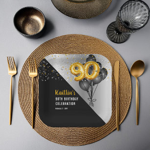 Assiettes En Carton Ballons élégants Noir   Gold 90th Birthday Party