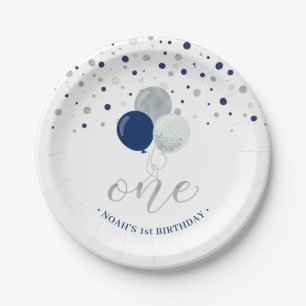 Assiettes En Carton Ballons en Confettis Argent et Bleu Fête d'anniver