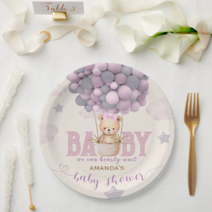Assiettes En Carton Ballons en forme d'ours pour Baby Shower Rose Viol