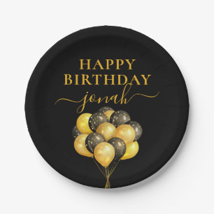 Assiettes En Carton Ballons Noir Or Personnalisé Joyeux anniversaire
