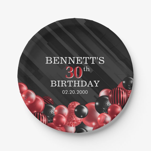Assiettes En Carton Ballons Noir Rouge Anniversaire (Devant)
