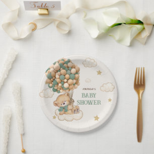 Assiettes En Carton Ballons Ours En Teddy Baby shower Vert Beige