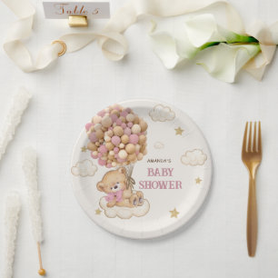 Assiettes En Carton Ballons Ourson en peluche Beige Rose Baby Shower