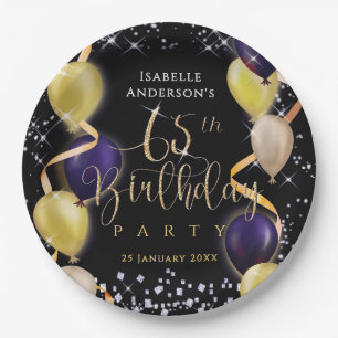 Assiettes En Carton Ballons Pailletés 65e Anniversaire Noir