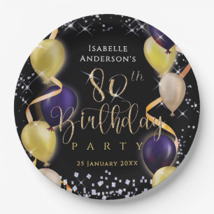 Assiettes En Carton Ballons Pailletés 80e Anniversaire Noir