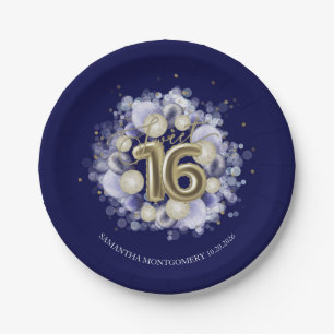 Assiettes En Carton Ballons Sweet 16 Anniversaire Feuille D'Or Bleu Ro