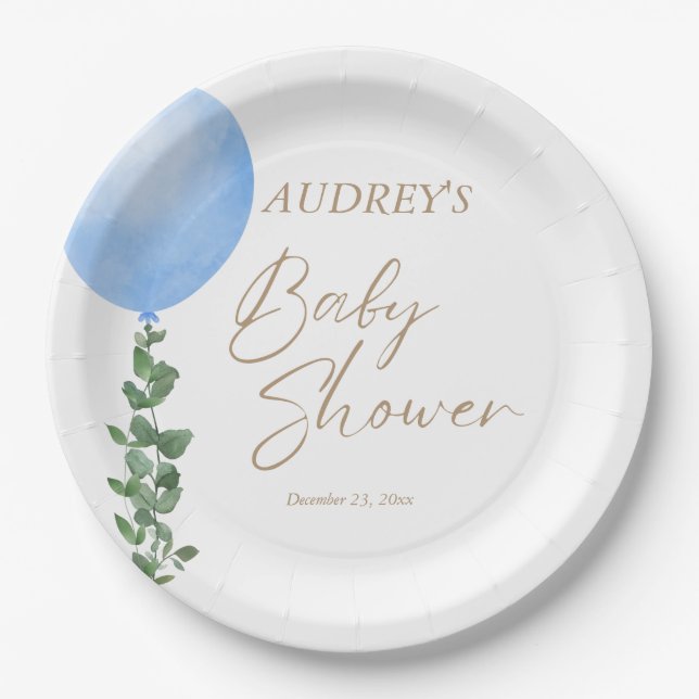 Assiettes En Carton Balloon bleu Aquarelle bébé garçon douche Oh garço (Devant)