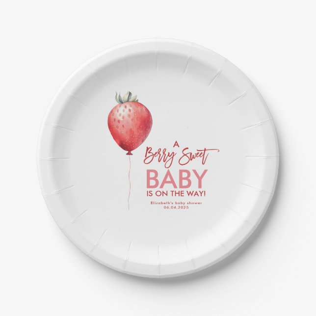 Assiettes En Carton Balloon fraise Baby shower rouge et rose (Devant)