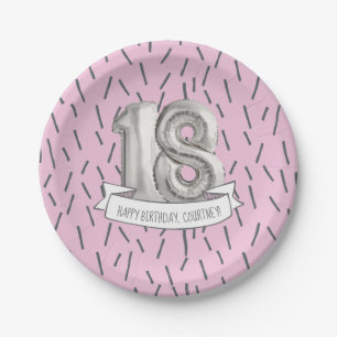 Assiettes En Carton Balloon Girls rose et gris 18e anniversaire
