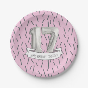 Assiettes En Carton Balloon rose et gris Filles 17e fête d'anniversai