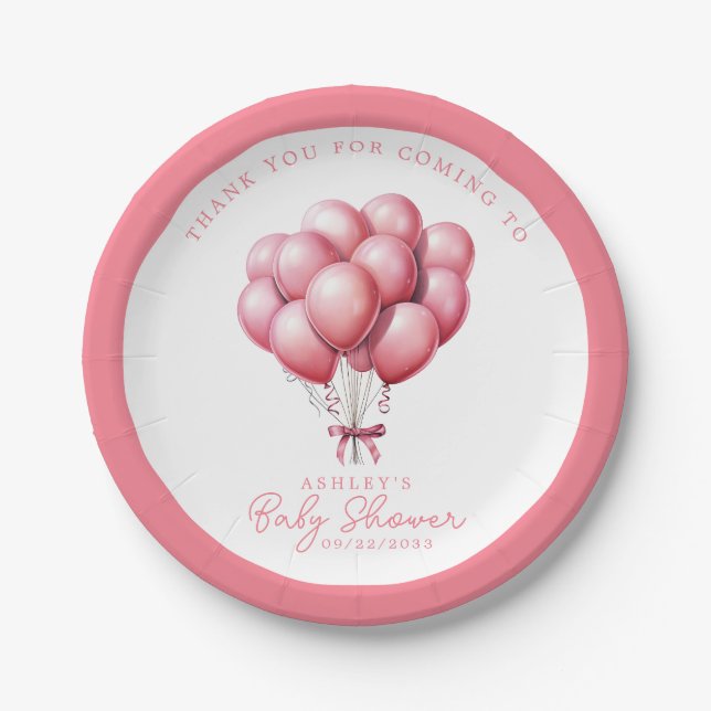Assiettes En Carton Balloons roses Aquarelle Baby shower fille (Devant)