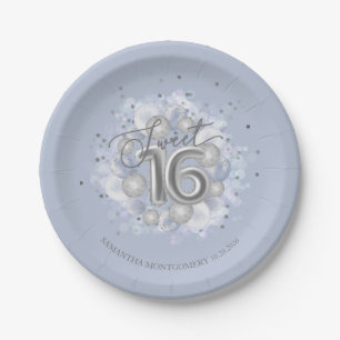Assiettes En Carton Balloons Sweet 16 Anniversaire Doux Bleu Poussiére