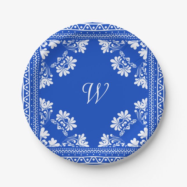 Assiettes En Carton Bandana bleu et blanc avec Monogramme (Devant)