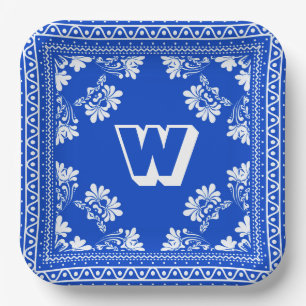 Assiettes En Carton Bandana bleu et blanc avec Monogramme