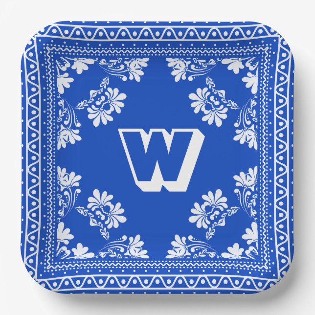 Assiettes En Carton Bandana bleu et blanc avec Monogramme (Recto)