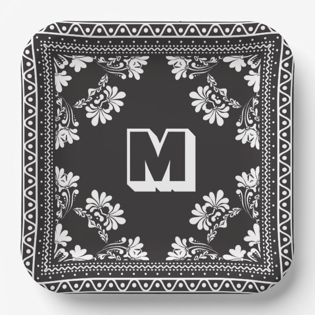Assiettes En Carton Bandana noir et blanc avec Monogramme (Recto)