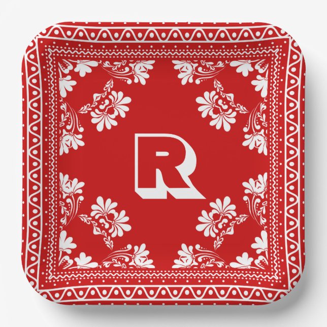 Assiettes En Carton Bandana rouge et blanc avec Monogramme (Recto)