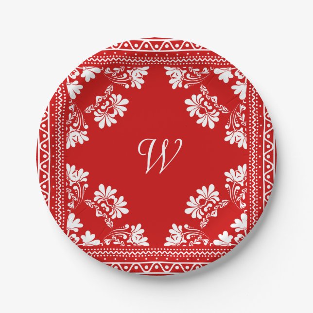 Assiettes En Carton Bandana rouge et blanche avec Monogramme (Devant)