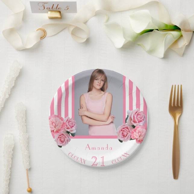 Assiettes En Carton Bande blanche rose florale photo 21e anniversaire (Mariage)