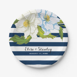Assiettes En Carton Bande bleu foncé & fleurs mariage moderne fleurie