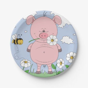 Assiettes En Carton Bande dessinée rose gaie de porc