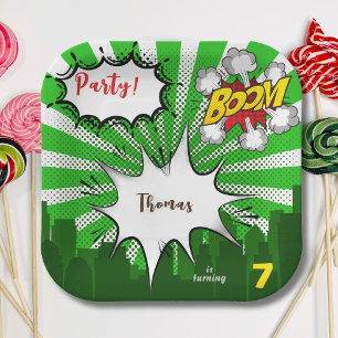 Assiettes En Carton Bande dessinée verte pop art anniversaire