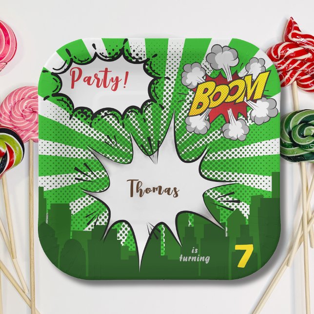 Assiettes En Carton Bande dessinée verte pop art anniversaire (Créateur téléchargé)