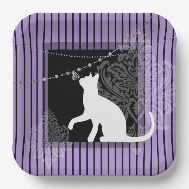 Assiettes En Carton Bande noire violette, chat blanc (Recto)