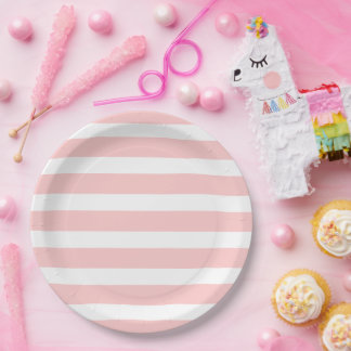 Assiettes En Carton Bandes claires rose et blanche
