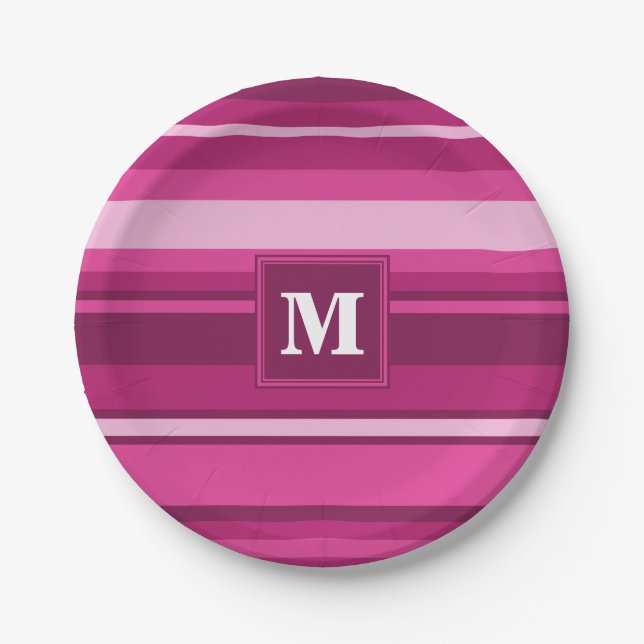 Assiettes En Carton Bandes de monogramme fuchsia (Devant)