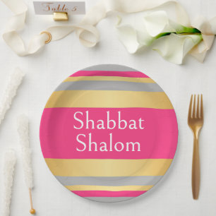 Assiettes En Carton Bandes dorées grises et rose vif, Shabbat Shalom G