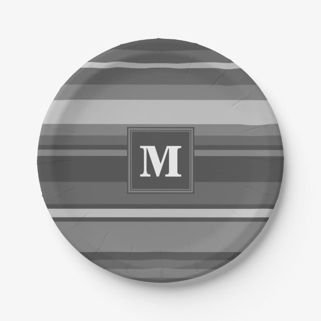 Assiettes En Carton Bandes gris monogramme (Devant)