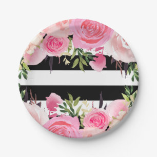 Assiettes En Carton Bandes noires et blanches Fleurs roses Baby Shower