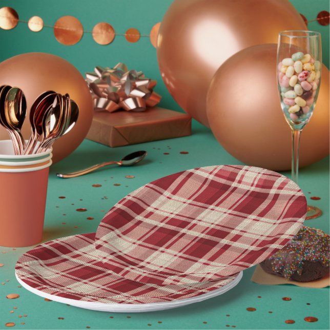 Assiettes En Carton Bandes Plaid Crème Rouge (Multi)