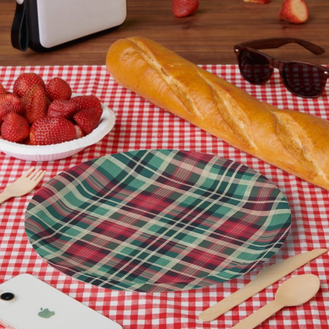 Assiettes En Carton Bandes Plaid Vert Crème Rouge (Pique-nique)