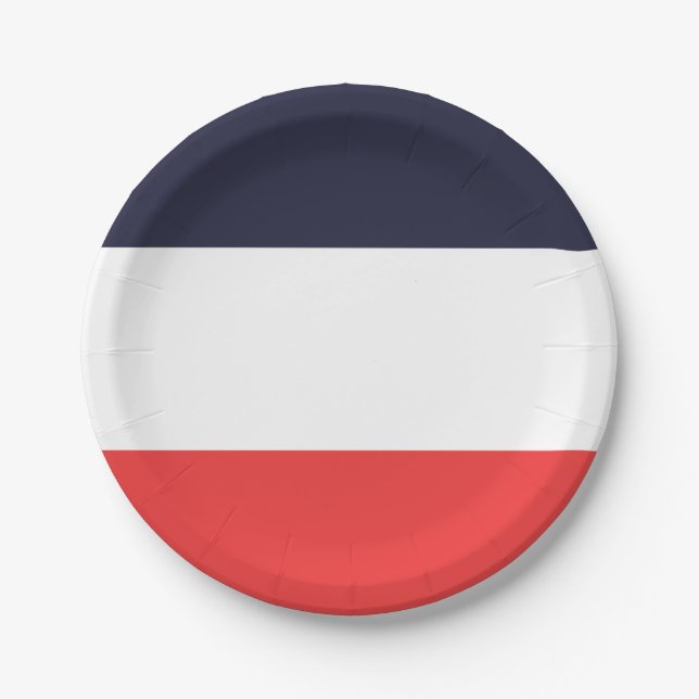 Assiettes En Carton Bandes rayées bleues blanches et rouges Fête rayée (Devant)