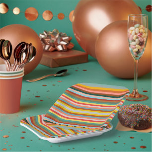 Assiettes En Carton Bandes rétro horizontales colorées