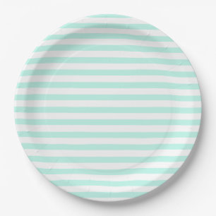 Assiettes En Carton Bandes turquoises et blanches - Plaques de papier