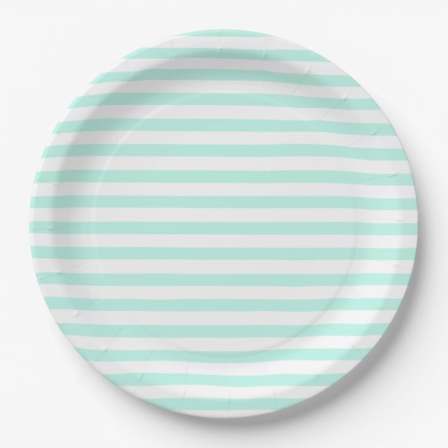 Assiettes En Carton Bandes turquoises et blanches - Plaques de papier (Devant)
