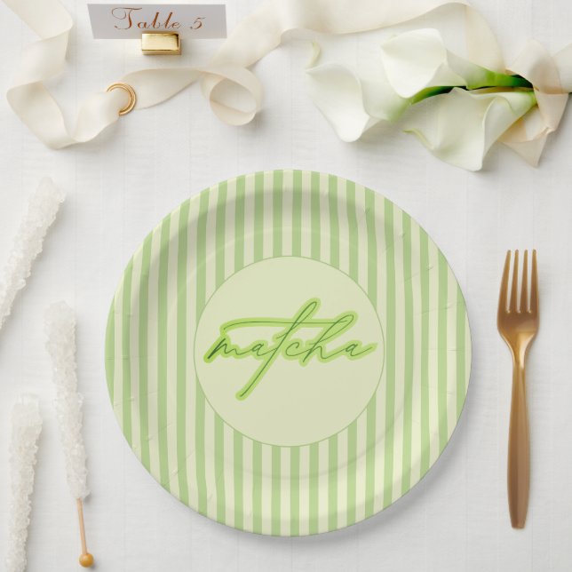 Assiettes En Carton Bandes Vertes Fête Prénatale Bébé Scriptée Matcha (Mariage)