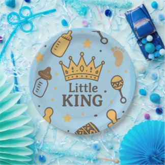 Assiettes En Carton "Bannière de Baby shower Little King - Blue & Gold