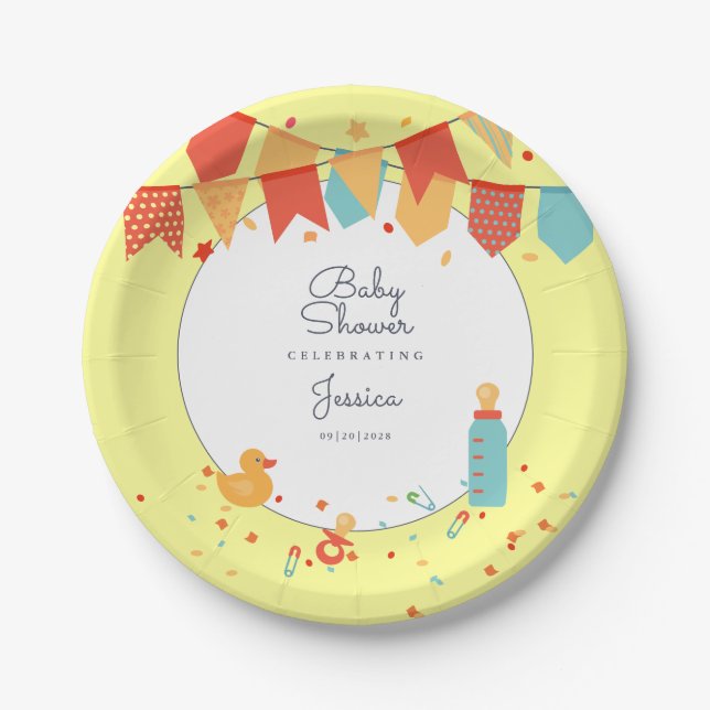 Assiettes En Carton Bannière rouge jaune Baby shower Drapeaux Confetti (Devant)