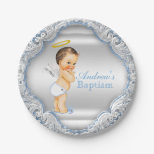 Assiettes En Carton Baptême Ange Argenté Bleu Garçon