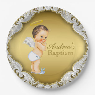 Assiettes En Carton Baptême Ange Garçon Or