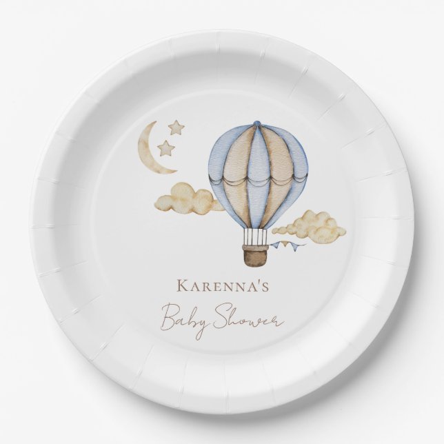 Assiettes En Carton Baptême Bébé Fille Chauffe-Son Ballon Bleu (Devant)