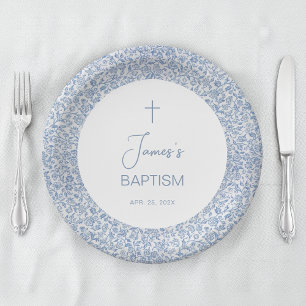 Assiettes En Carton Baptême bleu blanc motif floral garçon christening