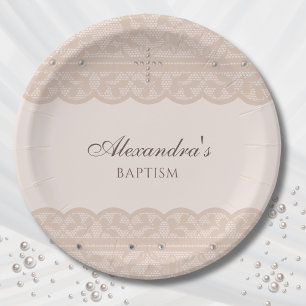 Assiettes En Carton Baptême chrétien élégant beige Croix